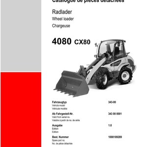 May include: Spare parts list for a Weidemann 4080 CX80 wheel loader. The image shows the vehicle in grayscale, with text in English, German, and French. The document includes the vehicle model, serial number, and spare part numbers.