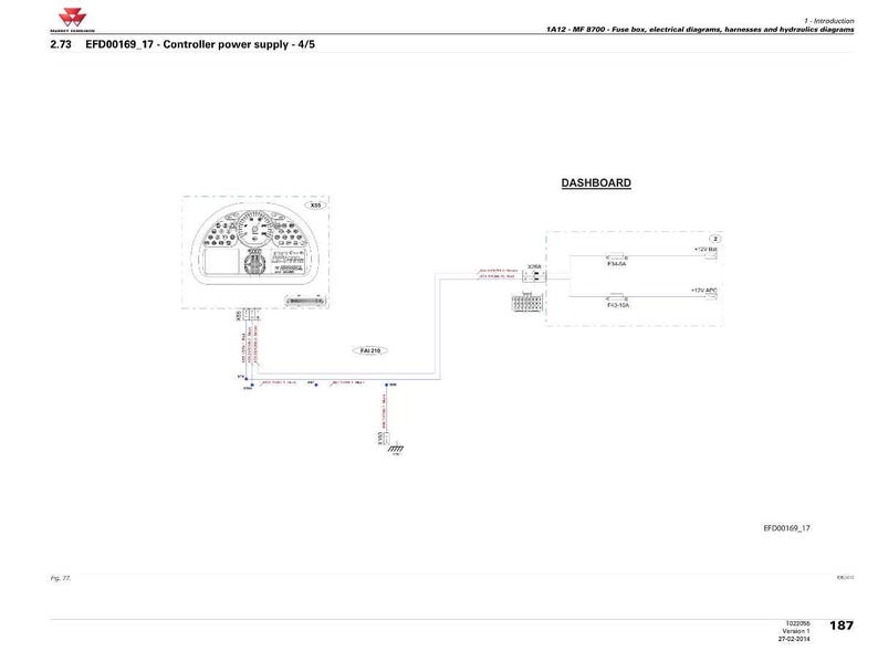 May include: A black and white diagram of a controller power supply, labelled EFD00169_17, with a dashboard schematic. The image includes text indicating fuse box and electrical diagrams. The diagram is for a MF 8700.