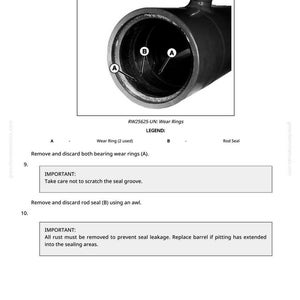 K&ouml;nnte beinhalten: Technische Zeichnung eines zylindrischen Bauteils mit den Bezeichnungen A und B sowie dem Text "RW25625-UN: Wear Rings." Anweisungen zum Entfernen von Dichtungen und Verschlei&szlig;ringen. Technische Illustration.