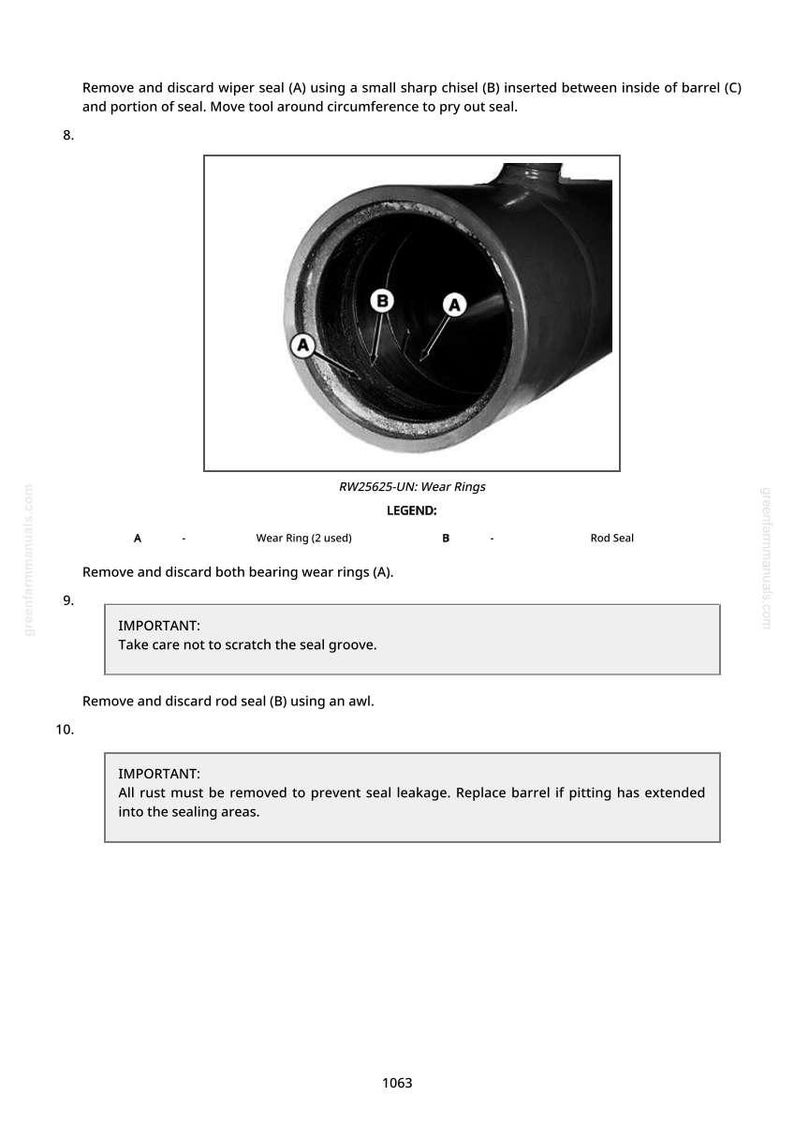 K&ouml;nnte beinhalten: Technische Zeichnung eines zylindrischen Bauteils mit den Bezeichnungen A und B sowie dem Text "RW25625-UN: Wear Rings." Anweisungen zum Entfernen von Dichtungen und Verschlei&szlig;ringen. Technische Illustration.