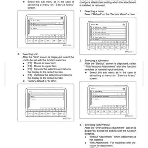 Op de afbeelding: Een pagina uit een handleiding met instructies voor het aanpassen van een machinemonitor. De tekst bevat stappen voor het selecteren van submenu's en eenheden, met diagrammen van de interface. De pagina bevat ook het modelnummer SEN06279-00.