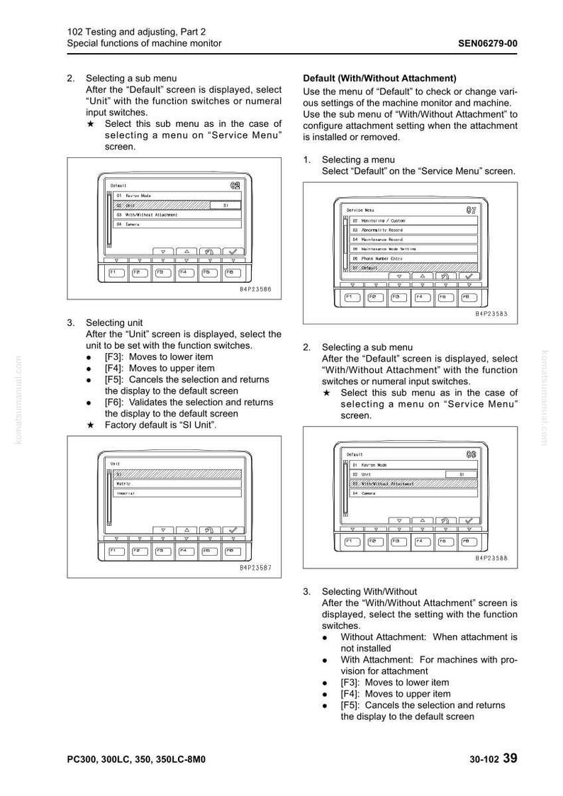 Op de afbeelding: Een pagina uit een handleiding met instructies voor het aanpassen van een machinemonitor. De tekst bevat stappen voor het selecteren van submenu's en eenheden, met diagrammen van de interface. De pagina bevat ook het modelnummer SEN06279-00.