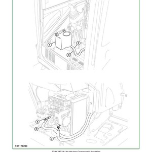 May include: Diagram of a heater component location, labeled TX1178233-UN. The diagram shows the location of the heater core, engine-to-heater core hose, coolant hose, and heater valve. The text "Heater Component Location" is at the top.