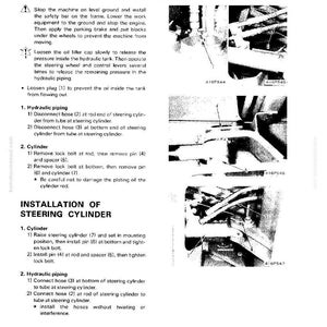 May include: A black and white manual page detailing the removal and installation of a steering cylinder. The text provides step-by-step instructions, accompanied by diagrams and part numbers. The page is from a technical manual.