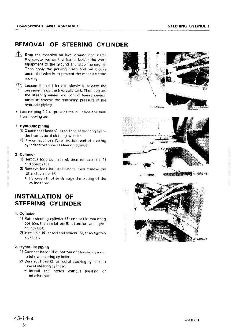 May include: A black and white manual page detailing the removal and installation of a steering cylinder. The text provides step-by-step instructions, accompanied by diagrams and part numbers. The page is from a technical manual.