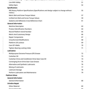 Pu&ograve; includere: Un dettagliato sommario di un manual, che elenca argomenti come procedure di sicurezza, specifiche, lubrificazione e azionamenti della piattaforma. Testo nero su sfondo bianco, con numeri di pagina a destra.