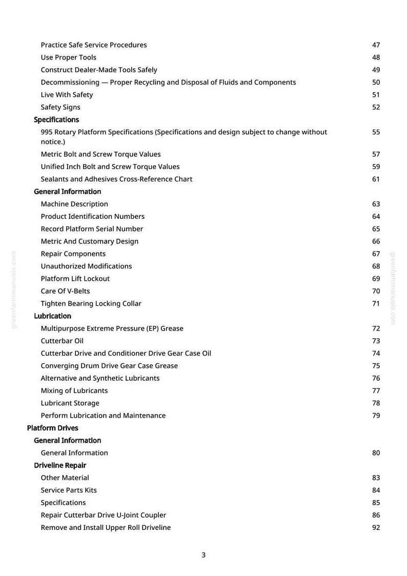 Pu&ograve; includere: Un dettagliato sommario di un manual, che elenca argomenti come procedure di sicurezza, specifiche, lubrificazione e azionamenti della piattaforma. Testo nero su sfondo bianco, con numeri di pagina a destra.