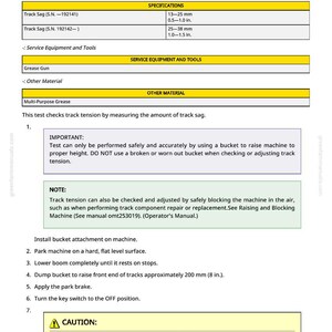 Puede incluir: Documento t&eacute;cnico "Comprobar y ajustar la tensi&oacute;n de la oruga" con especificaciones para la comba de la oruga en mm y pulgadas. Incluye instrucciones, una advertencia y una lista de herramientas.