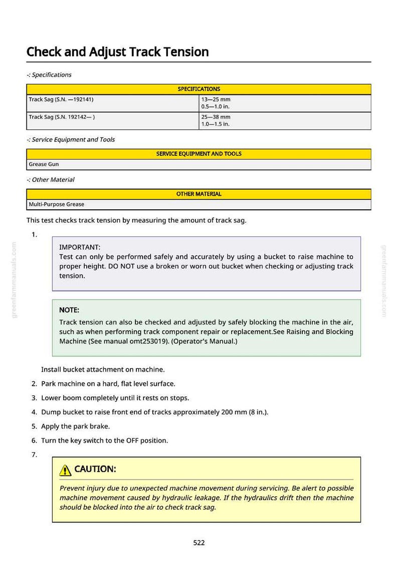 Puede incluir: Documento t&eacute;cnico "Comprobar y ajustar la tensi&oacute;n de la oruga" con especificaciones para la comba de la oruga en mm y pulgadas. Incluye instrucciones, una advertencia y una lista de herramientas.