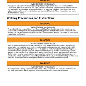 May include: A document with safety instructions and warnings for machine maintenance and welding procedures. The text includes warnings about serious injury and death, emphasizing the importance of proper training and equipment.