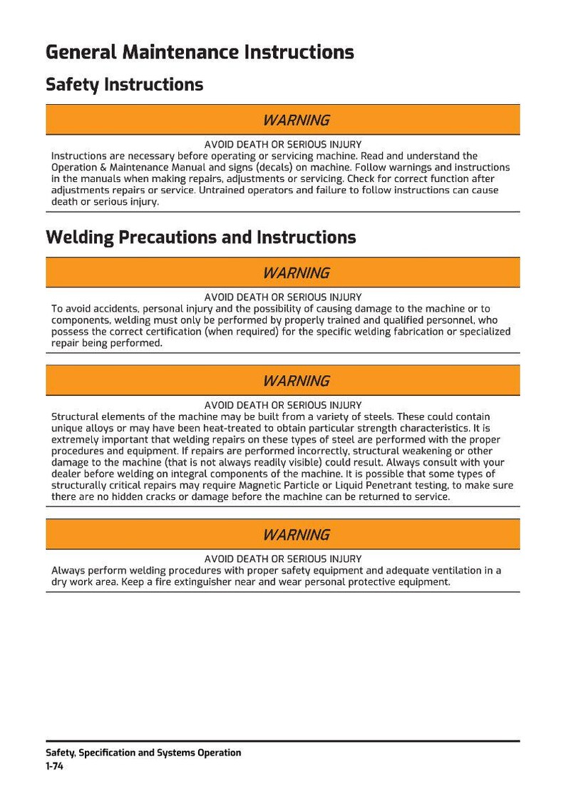 May include: A document with safety instructions and warnings for machine maintenance and welding procedures. The text includes warnings about serious injury and death, emphasizing the importance of proper training and equipment.