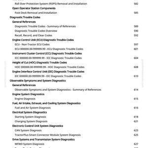 May include: A detailed table of contents from a manual, listing various diagnostic and system-related topics. The text includes sections on engine control, electrical systems, and diagnostic trouble codes, with page numbers on the right.