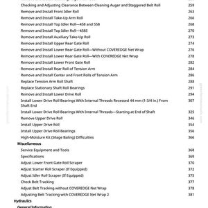 Puede incluir: Una p&aacute;gina detallada de un manual de greenfarmmanuals.com, que enumera varios procedimientos mec&aacute;nicos y piezas para equipos agr&iacute;colas. El texto incluye t&eacute;rminos como "Rodillos", "Rodamientos" y "Ajuste del seguimiento de la correa."