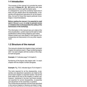 K&ouml;nnte beinhalten: Eine wei&szlig;e Manuellseite mit dem Titel "Sect.1 - Reading the manual" und der Einf&uuml;hrung. Das Handbuch enth&auml;lt Anweisungen f&uuml;r Globus 55-65-80 Traktoren. Die Seite enth&auml;lt Text und Beispiele.