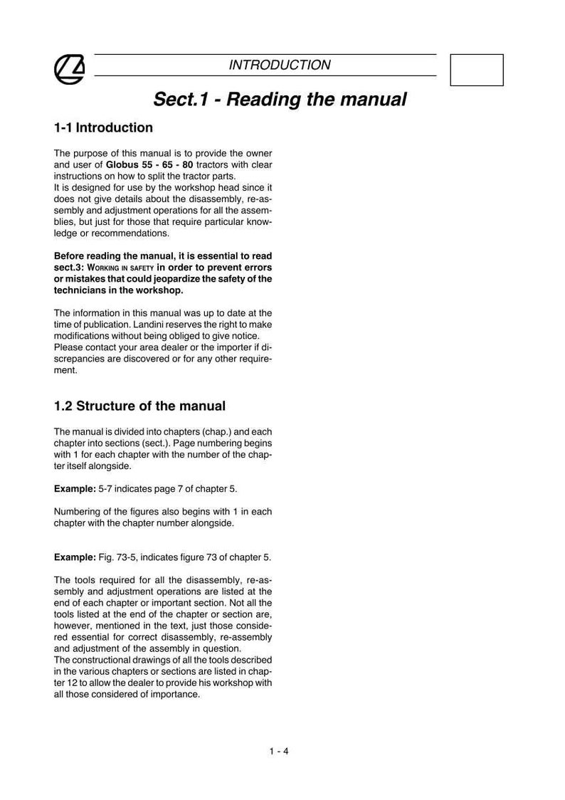 K&ouml;nnte beinhalten: Eine wei&szlig;e Manuellseite mit dem Titel "Sect.1 - Reading the manual" und der Einf&uuml;hrung. Das Handbuch enth&auml;lt Anweisungen f&uuml;r Globus 55-65-80 Traktoren. Die Seite enth&auml;lt Text und Beispiele.