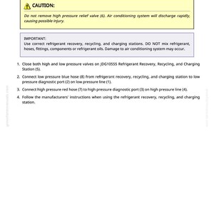 May include: A manual page detailing refrigerant recovery, recycling, and charging procedures. It features safety warnings about high-pressure relief valves and mixing refrigerants. The text is black on a white background, with a yellow header.