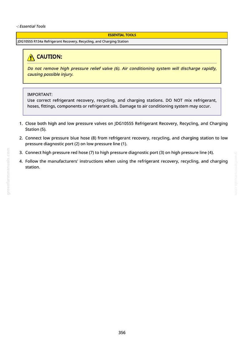 May include: A manual page detailing refrigerant recovery, recycling, and charging procedures. It features safety warnings about high-pressure relief valves and mixing refrigerants. The text is black on a white background, with a yellow header.