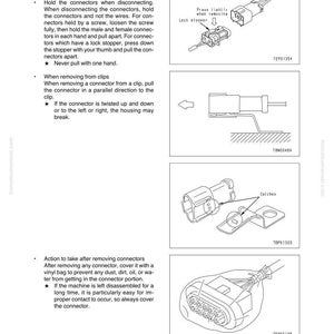 May include: Diagrams from a manual illustrating the removal and installation of connectors and wiring harnesses. The images show various connector types, including those with lock stoppers and clips, with labels and instructions.