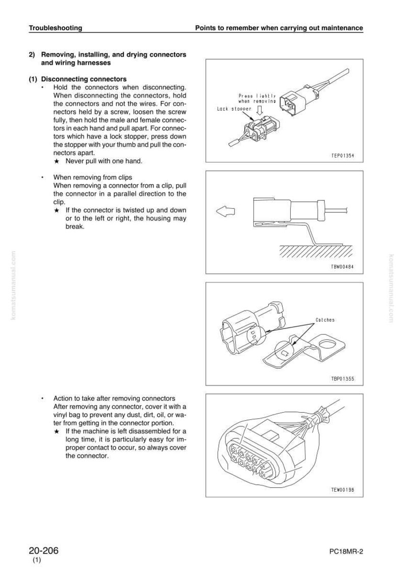 May include: Diagrams from a manual illustrating the removal and installation of connectors and wiring harnesses. The images show various connector types, including those with lock stoppers and clips, with labels and instructions.