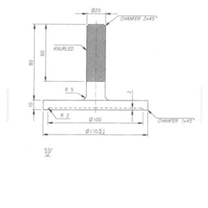 Op de afbeelding: Technische tekening van een speciaal gereedschap voor zwenkmachines. De tool heeft een T-vorm met afmetingen in millimeters. De handgreep is gekarteld en de basis heeft afgeschuinde randen. Tekst bevat "Demontage en montage" en "Zwenkmachines".