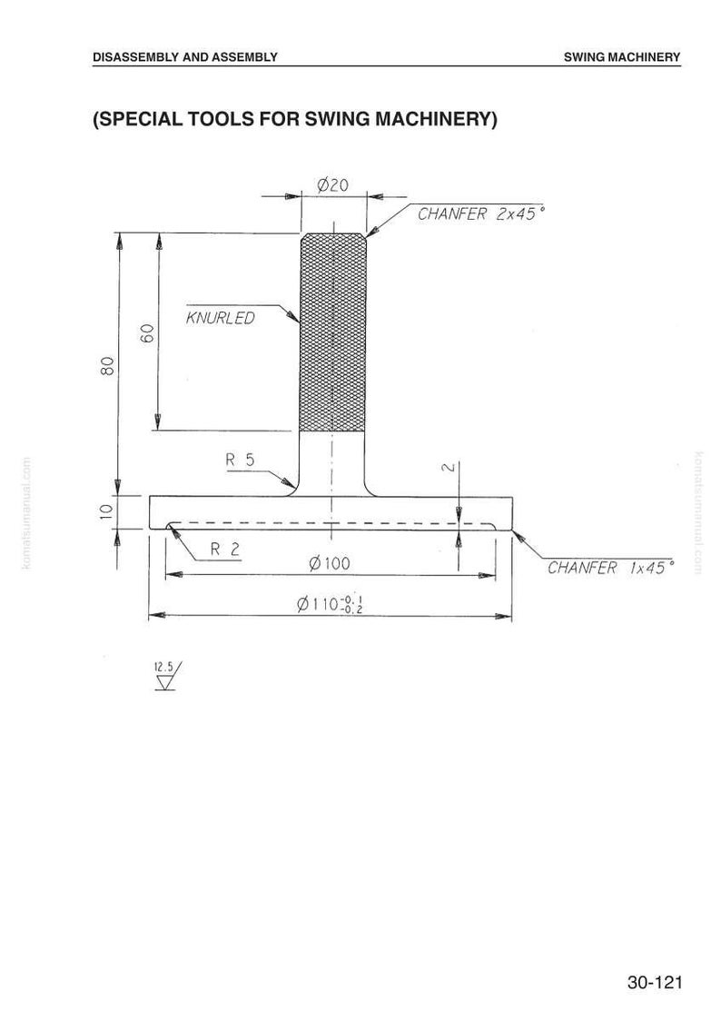 Op de afbeelding: Technische tekening van een speciaal gereedschap voor zwenkmachines. De tool heeft een T-vorm met afmetingen in millimeters. De handgreep is gekarteld en de basis heeft afgeschuinde randen. Tekst bevat "Demontage en montage" en "Zwenkmachines".