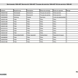 May include: A detailed parts list for a service kit, including filters, gaskets, and a water separator. The table is labeled in multiple languages, with the title "Servicesatz 1004-40T Service kit 1004-40T". The Weidemann logo is in the bottom left.