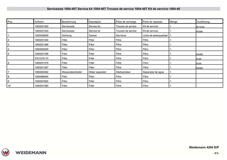May include: A detailed parts list for a service kit, including filters, gaskets, and a water separator. The table is labeled in multiple languages, with the title "Servicesatz 1004-40T Service kit 1004-40T". The Weidemann logo is in the bottom left.