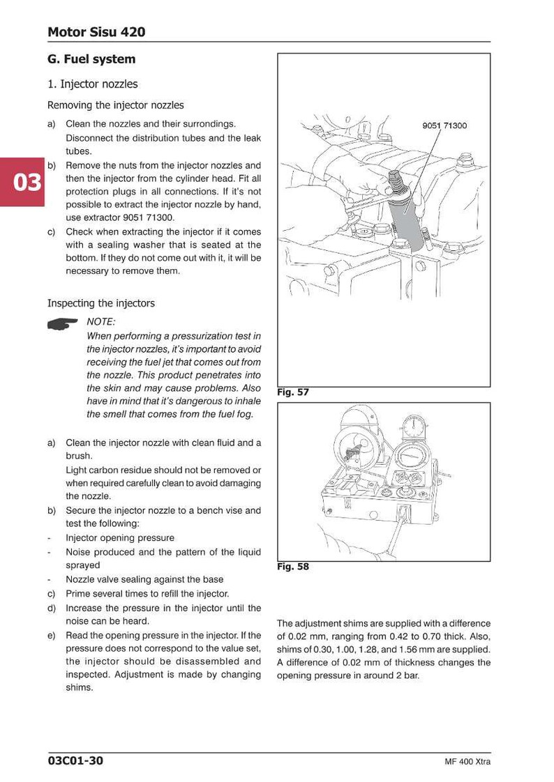 K&ouml;nnte beinhalten: Diagramm eines Kraftstoffsystems mit Einspritzd&uuml;sen, einschlie&szlig;lich Anweisungen zum Ausbau und zur Inspektion. Das Bild zeigt eine Nahaufnahme von Motorkomponenten mit Text und Diagrammen zur Orientierung. Enth&auml;lt den Text "Motor Sisu 420".