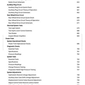 May include: A white page with a detailed table of contents, listing various automotive system topics. The topics include circuits, electrical systems, and system adjustments, with corresponding page numbers.