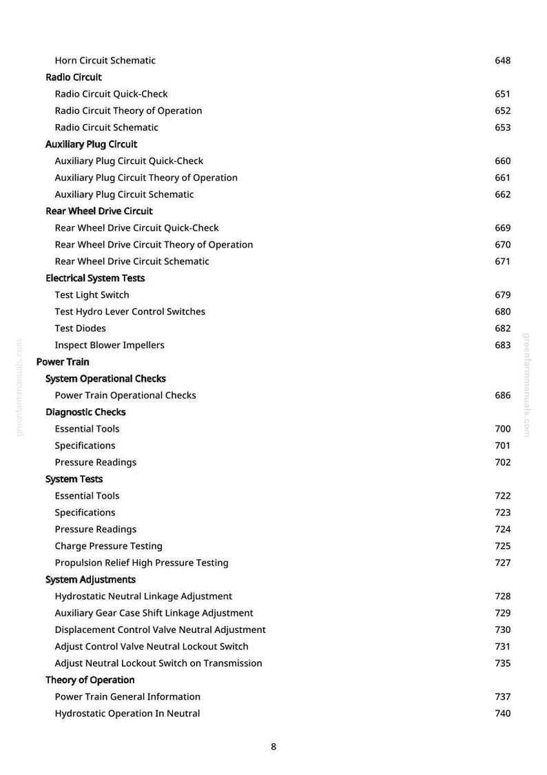 May include: A white page with a detailed table of contents, listing various automotive system topics. The topics include circuits, electrical systems, and system adjustments, with corresponding page numbers.