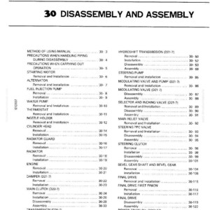 May include: A detailed technical manual page titled "30 DISASSEMBLY AND ASSEMBLY." The page lists procedures for engine components, including removal, installation, and disassembly instructions. The text is in black font.
