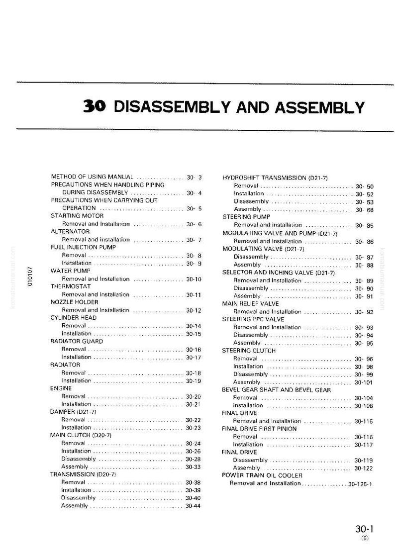 May include: A detailed technical manual page titled "30 DISASSEMBLY AND ASSEMBLY." The page lists procedures for engine components, including removal, installation, and disassembly instructions. The text is in black font.