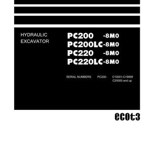 May include: Shop Manual for Hydraulic Excavators, featuring models PC200, PC200LC, PC220, and PC220LC. The manual includes serial number information and the Komatsu logo.