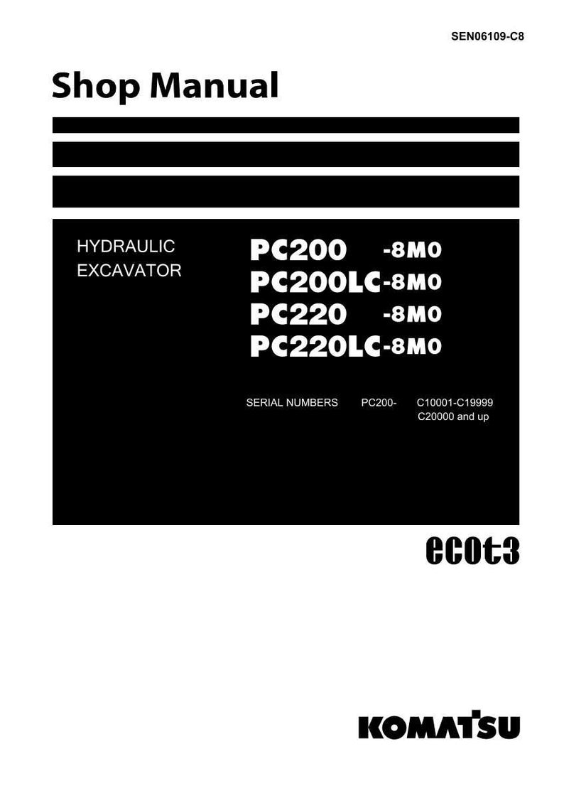 May include: Shop Manual for Hydraulic Excavators, featuring models PC200, PC200LC, PC220, and PC220LC. The manual includes serial number information and the Komatsu logo.