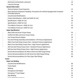 Puede incluir: P&aacute;gina de un manual con un &iacute;ndice. El texto incluye secciones sobre lubricantes, informaci&oacute;n general, especificaciones de reparaci&oacute;n y reparaci&oacute;n del marco. El n&uacute;mero de p&aacute;gina es 3.