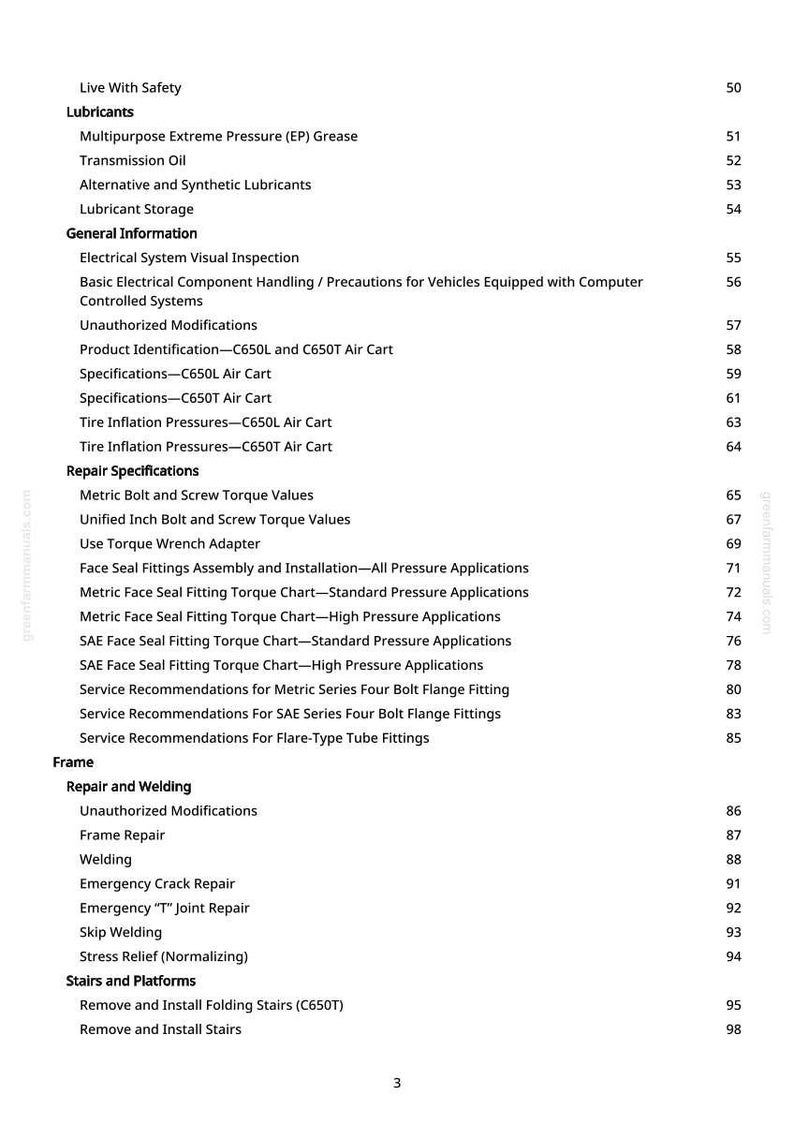 Puede incluir: P&aacute;gina de un manual con un &iacute;ndice. El texto incluye secciones sobre lubricantes, informaci&oacute;n general, especificaciones de reparaci&oacute;n y reparaci&oacute;n del marco. El n&uacute;mero de p&aacute;gina es 3.