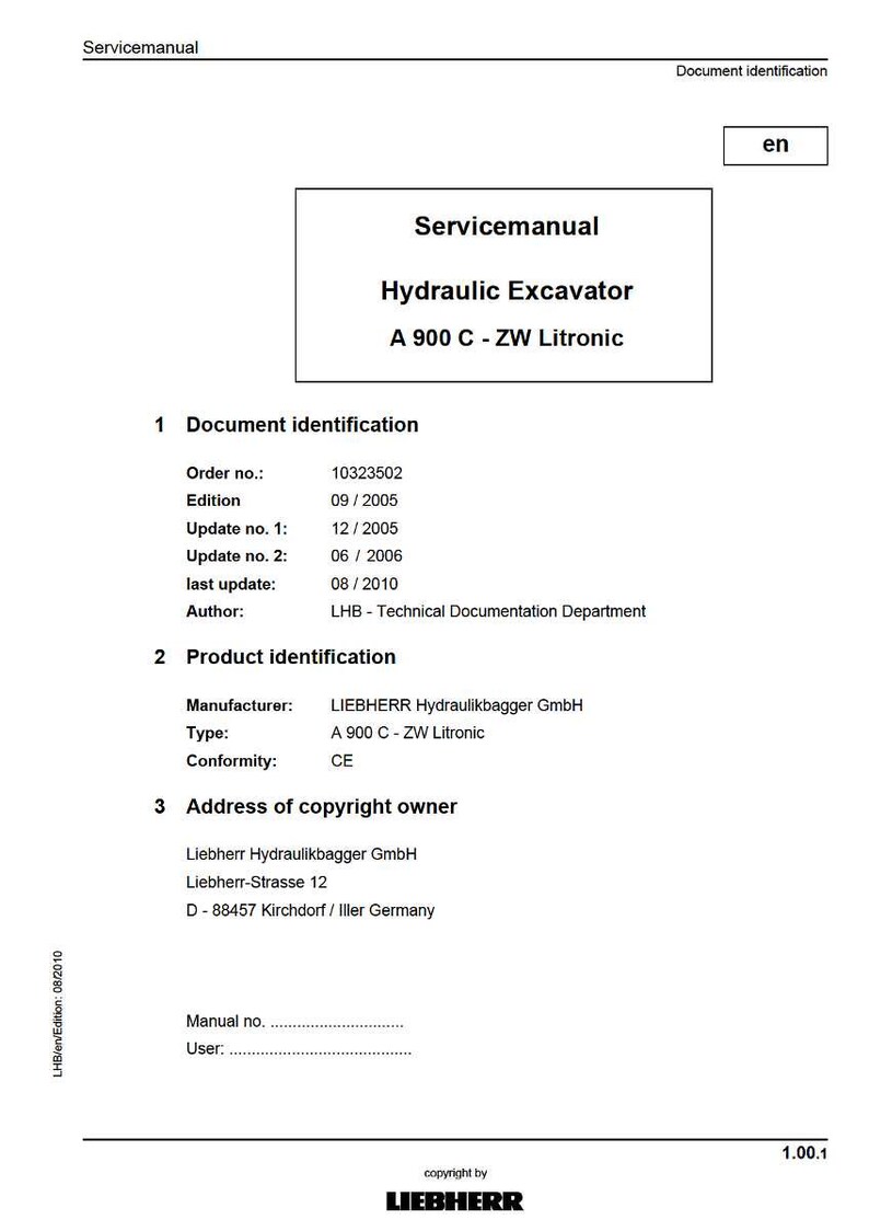 Pu&ograve; includere: Un documento bianco intitolato "Servicemanual" per un escavatore idraulico A 900 C-ZW Litronic. Il documento include sezioni per l'identificazione del documento e del prodotto e informazioni sul copyright. Il documento &egrave; di Liebherr.