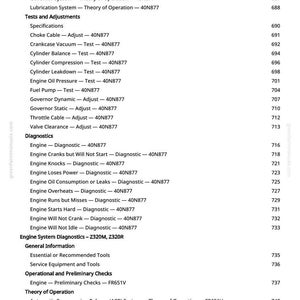 May include: A white page from a manual with a detailed table of contents. The text includes sections on engine diagnostics, tests, adjustments, and operational checks. The page number is 11.