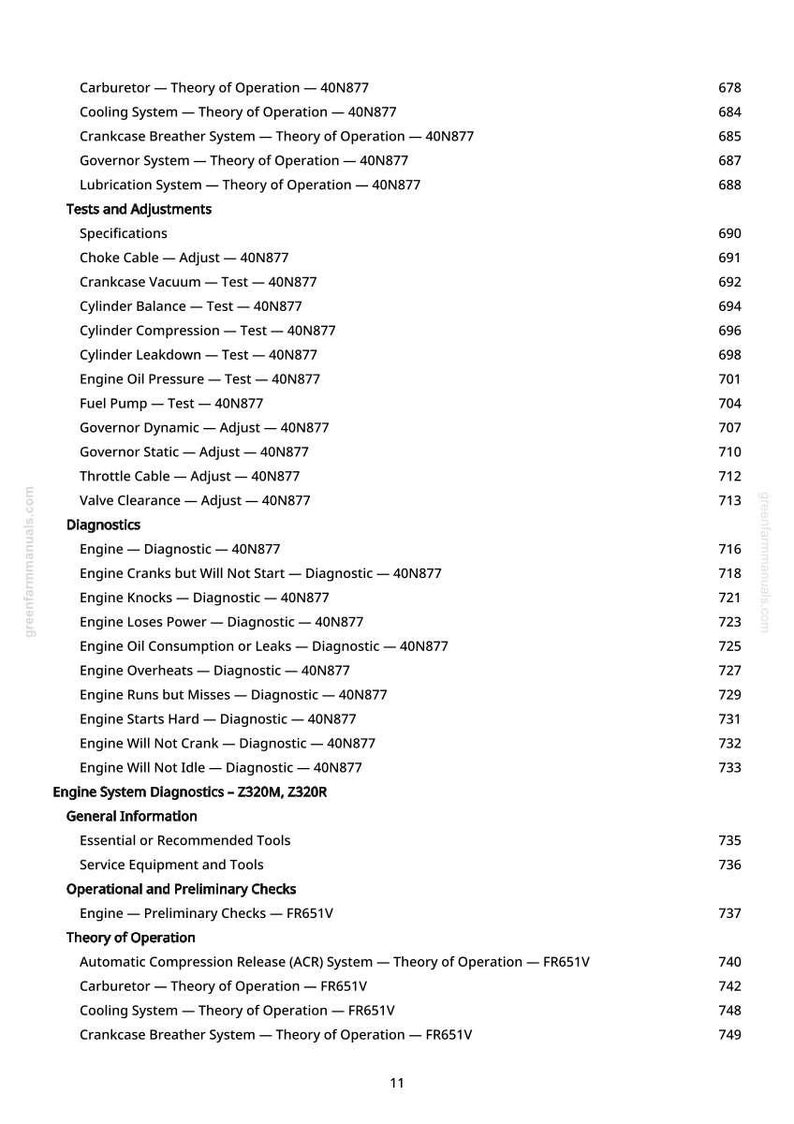 May include: A white page from a manual with a detailed table of contents. The text includes sections on engine diagnostics, tests, adjustments, and operational checks. The page number is 11.