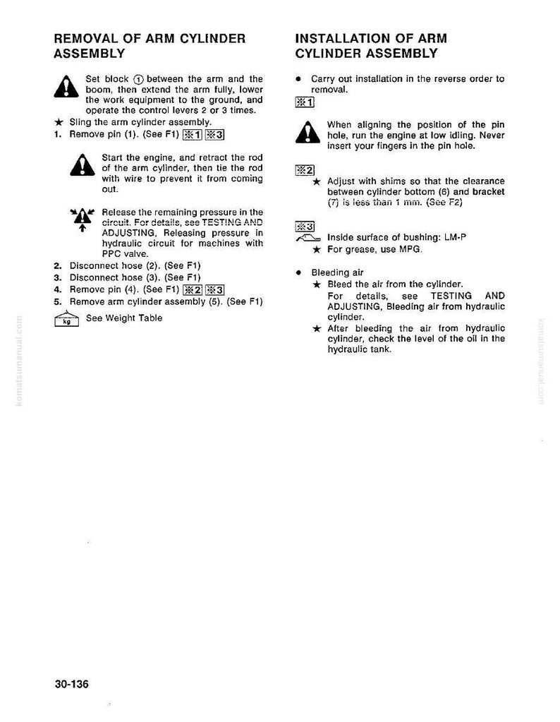 May include: A page from a manual detailing the removal and installation of an arm cylinder assembly. The text includes instructions, diagrams, and safety warnings. The page is white with black text and symbols.