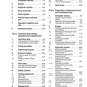 May include: A detailed table of contents from a Weidemann manual, listing sections on safety, engine, hydraulic systems, and testing equipment. The document includes page numbers for easy reference.