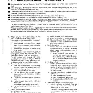 May include: A page from a manual titled "Troubleshooting" with safety instructions and troubleshooting steps. The text includes warnings about hot engine parts and disconnecting the battery. The page is from komatsumanual.com.