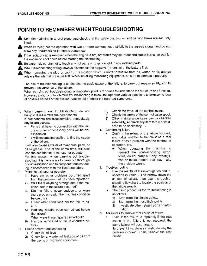 May include: A page from a manual titled "Troubleshooting" with safety instructions and troubleshooting steps. The text includes warnings about hot engine parts and disconnecting the battery. The page is from komatsumanual.com.