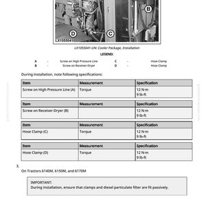K&ouml;nnte beinhalten: Diagramm zur Installation eines K&uuml;hlpakets, mit den Bezeichnungen A, B, C und D, die auf verschiedene Komponenten verweisen. Das Diagramm enth&auml;lt eine Legende und Spezifikationen f&uuml;r Drehmessungen in lb-ft und N-m f&uuml;r Schrauben und Schlauchschellen.