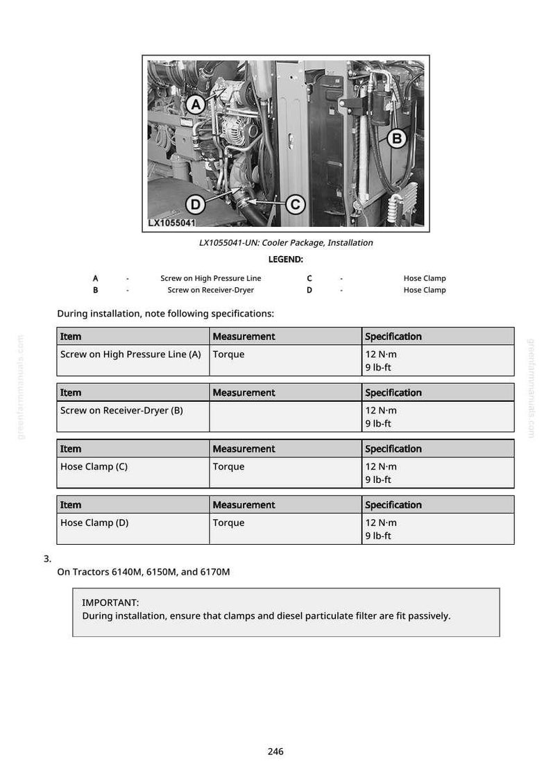K&ouml;nnte beinhalten: Diagramm zur Installation eines K&uuml;hlpakets, mit den Bezeichnungen A, B, C und D, die auf verschiedene Komponenten verweisen. Das Diagramm enth&auml;lt eine Legende und Spezifikationen f&uuml;r Drehmessungen in lb-ft und N-m f&uuml;r Schrauben und Schlauchschellen.