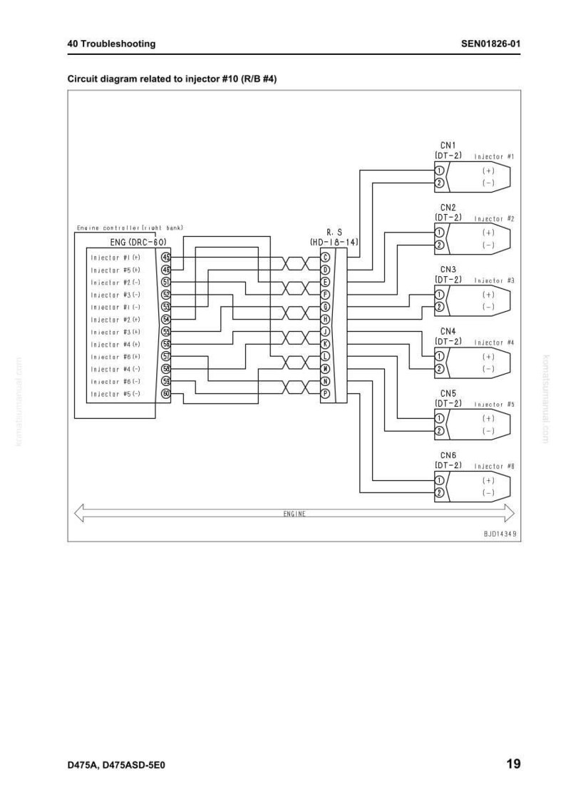 May include: A black and white circuit diagram related to injector #10 (R/B #4). The diagram includes labels for engine controller, injectors, and various connectors. The text "ENGINE" is also visible.