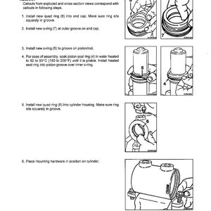May include: Diagram illustrating the reassembly of a steering cylinder. The image shows exploded views and cross-sections with numbered callouts for each step, including the installation of rings and seals.