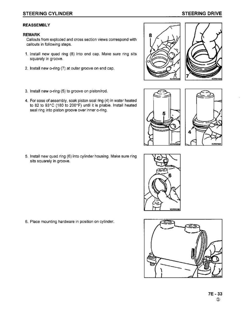 May include: Diagram illustrating the reassembly of a steering cylinder. The image shows exploded views and cross-sections with numbered callouts for each step, including the installation of rings and seals.