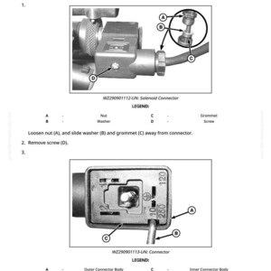 May include: Diagram of a repair procedure for a solenoid connector. The image shows close-up views of the connector with labels for nuts, washers, and screws. Text instructions are included, such as "Remove Contact from Connector Body."