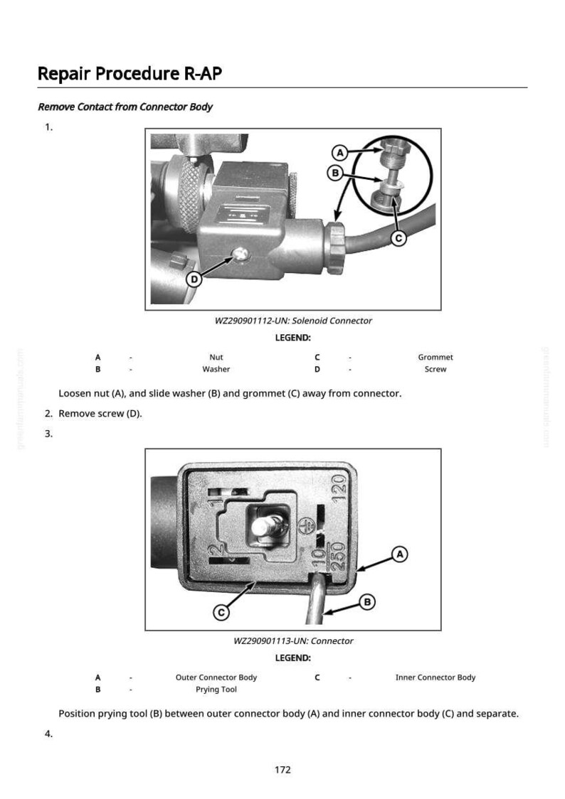 May include: Diagram of a repair procedure for a solenoid connector. The image shows close-up views of the connector with labels for nuts, washers, and screws. Text instructions are included, such as "Remove Contact from Connector Body."